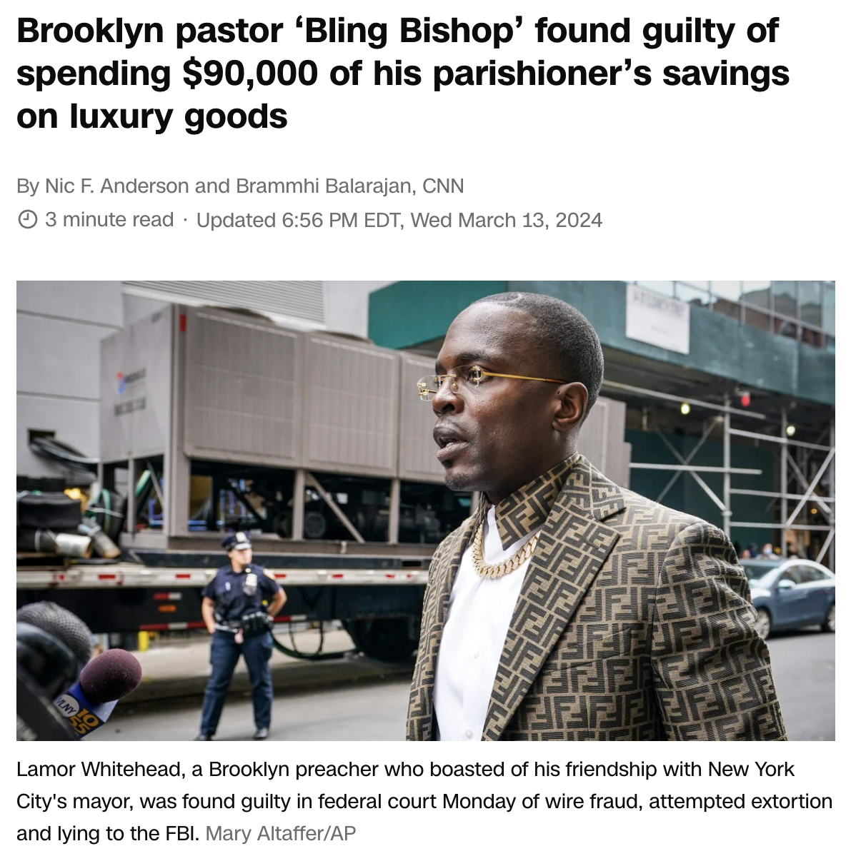 new york city violence meme - Brooklyn pastor 'Bling Bishop' found guilty of spending $90,000 of his parishioner's savings on luxury goods By Nic F. Anderson and Brammhi Balarajan, Cnn 3 minute read Updated Edt, Wed Lamor Whitehead, a Brooklyn preacher wh